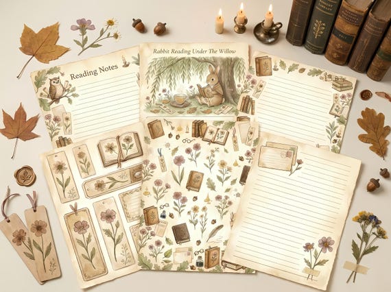 Forest Library Junk Journal Kit, Printable Woodland Book Lover Journal Pages, Cottagecore Ephemera, Tags, Bookplates, Fussy Cuts · JK-002 view 2