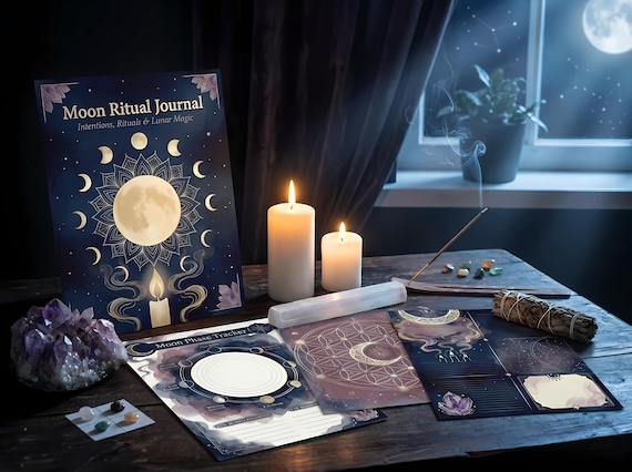 Boho Moon Ritual Junk Journal Kit, Printable Celestial Journal Pages, Moon Phase Ephemera, Crystal Tags, Digital Download · JK-065