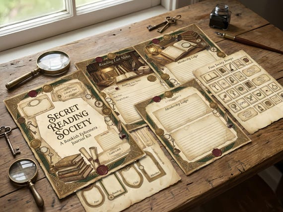 Secret Reading Society Junk Journal Kit, Printable Book Club Journal Pages, Library Ephemera, Membership Cards Fussy Cuts, Digital · JK-031