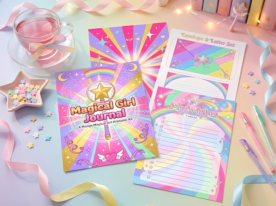Manga Magical Girl Junk Journal Kit, Printable Anime Journal Pages, Kawaii Star Ephemera, Magical Tags, Digital Download · JK-122