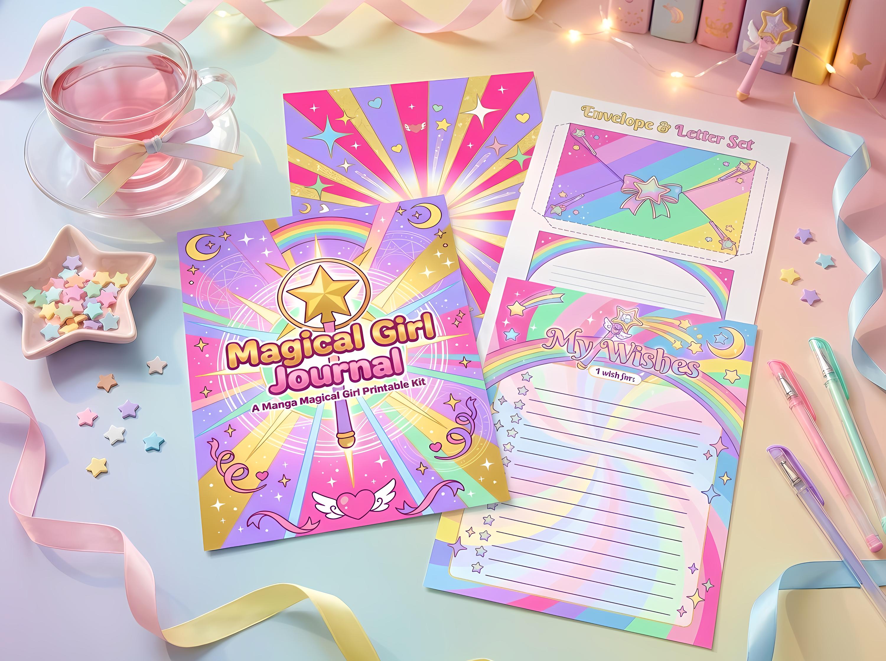 Manga Magical Girl Junk Journal Kit, Printable Anime Journal Pages, Kawaii Star Ephemera, Magical Tags, Digital Download · JK-122