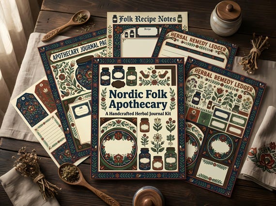 Nordic Folk Apothecary Junk Journal Kit, Printable Scandinavian Journal Pages, Folk Art Ephemera, Herb Tags, Rosemaling Apothecary · JK-044