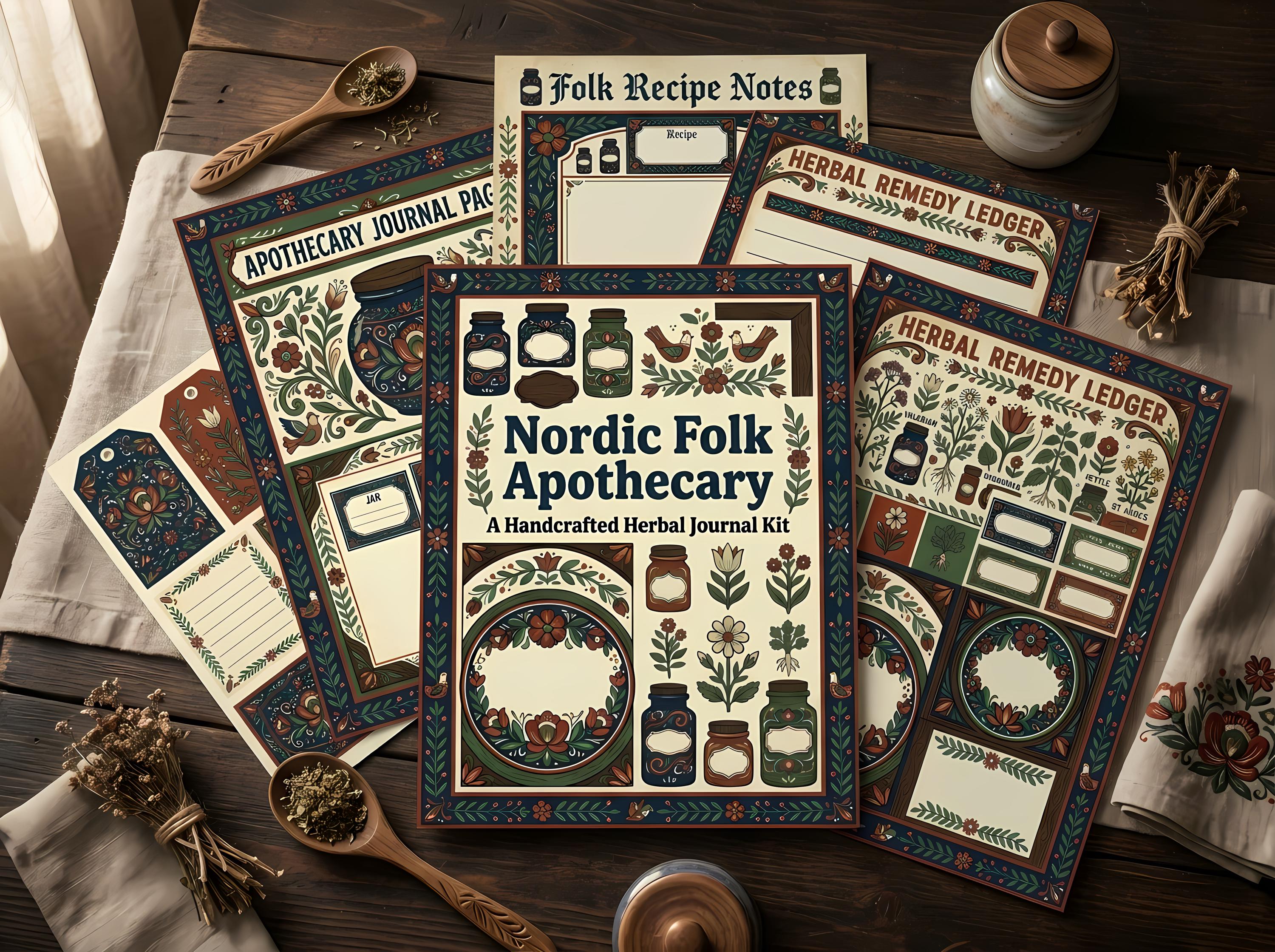 Nordic Folk Apothecary Junk Journal Kit, Printable Scandinavian Journal Pages, Folk Art Ephemera, Herb Tags, Rosemaling Apothecary · JK-044