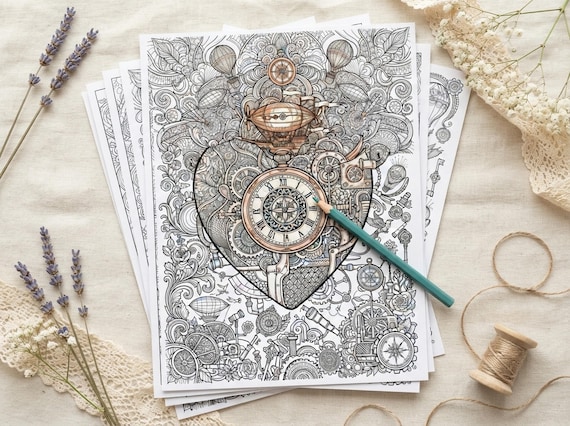 Steampunk Wonderland Coloring Book, Printable Adult Coloring Pages, Intricate Steampunk Stress Relief PDF, Digital Download · CB-35 view 7