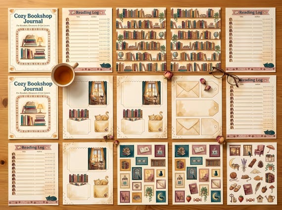 Cozy Bookshop Cat Junk Journal Kit, Printable Book Lover Journal Pages, Library Ephemera, Cat Tags, Digital Download · JK-064 view 2