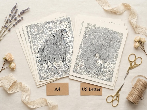 Magical Unicorns Coloring Book, Printable Adult Coloring Pages, Whimsical Magical Unicorn Stress Relief PDF, Digital Download · CB-40 view 4