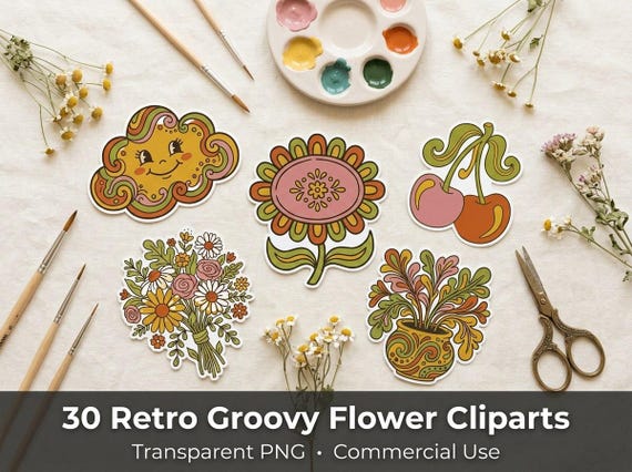 Retro Groovy Wildflower Clipart, 30 Transparent PNG, Commercial Use, Sublimation POD, Digital Download