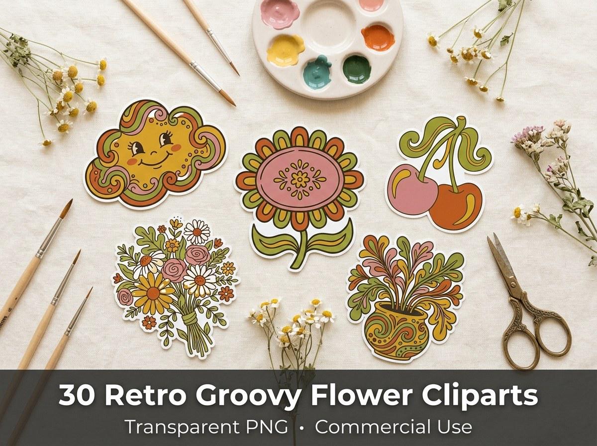 Retro Groovy Wildflower Clipart, 30 Transparent PNG, Commercial Use, Sublimation POD, Digital Download