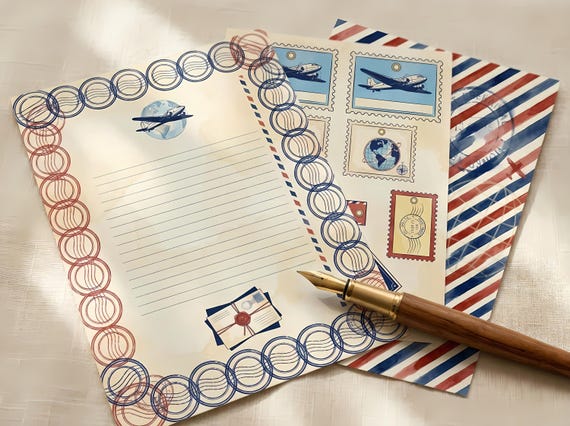 Airmail Junk Journal Kit, Printable Vintage Travel Journal Pages, Pen Pal Letter Ephemera, Postage Stamps, Digital Download · JK-080 view 3