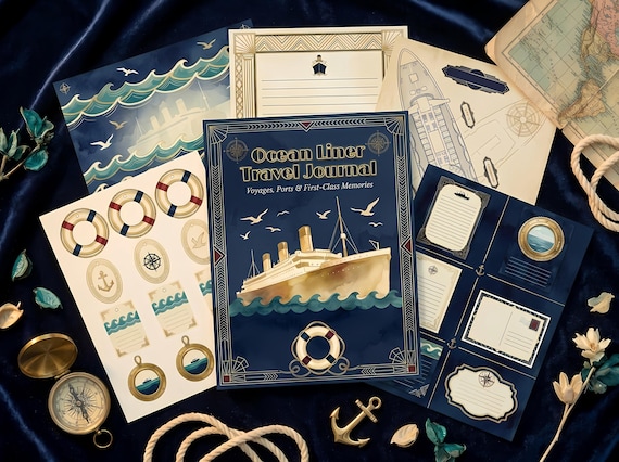 Ocean Liner Junk Journal Kit, Printable Vintage Cruise Ship Journal Pages, Art Deco Travel Ephemera, Nautical Tags, Digital Downloa · JK-077 view 4