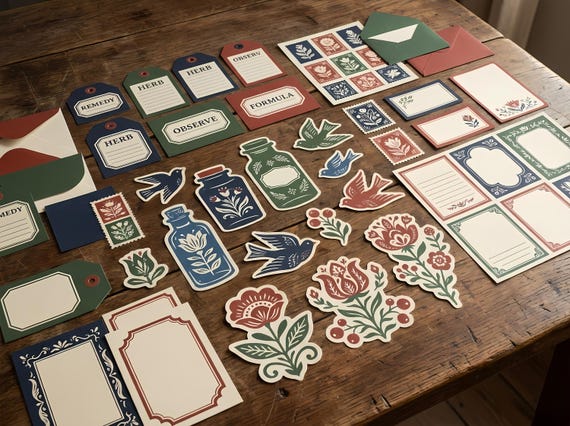 Nordic Folk Apothecary Junk Journal Kit, Printable Scandinavian Journal Pages, Folk Art Ephemera, Herb Tags, Rosemaling Apothecary · JK-044 view 3