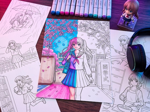 Manga Coloring Book Vol. 1 School Life, Printable Anime Style Coloring Pages, Slice of Life Stress Relief PDF, Digital Download view 3