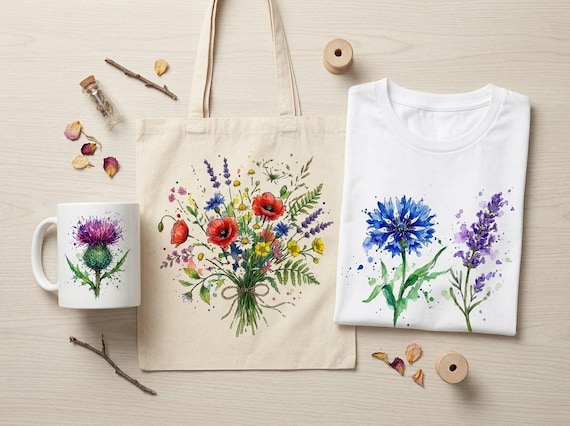 Watercolor Wildflower Clipart, 30 Transparent PNG, Commercial Use, Sublimation POD, Digital Download view 2