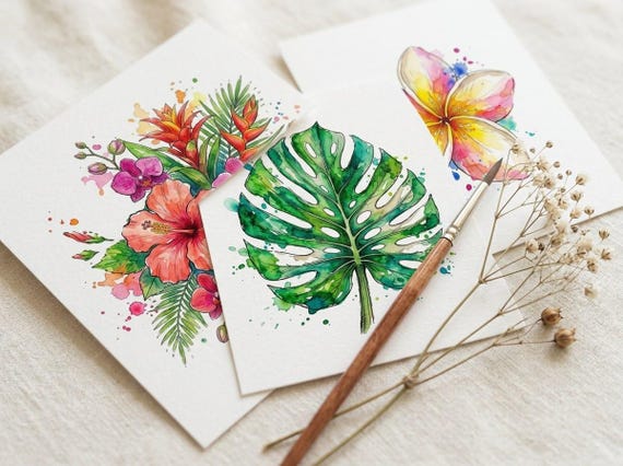 Watercolor Tropical Clipart, 30 Transparent PNG, Commercial Use, Sublimation POD, Digital Download view 5