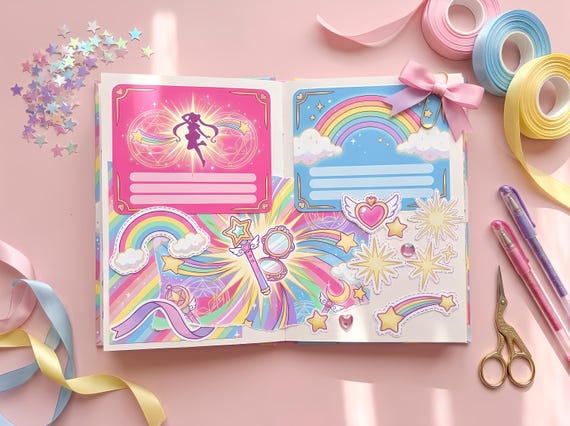 Manga Magical Girl Junk Journal Kit, Printable Anime Journal Pages, Kawaii Star Ephemera, Magical Tags, Digital Download · JK-122 view 3