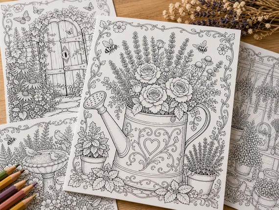 Cozy Cottage Garden Coloring Book, Printable Adult Coloring Pages, Stress Relief Floral Garden PDF, Digital Download · CB-03 view 3