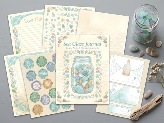 Sea Glass Junk Journal Kit, Printable Coastal Beachcomber Journal Pages, Beach Find Ephemera, Pebble Tags, Digital Download · JK-088