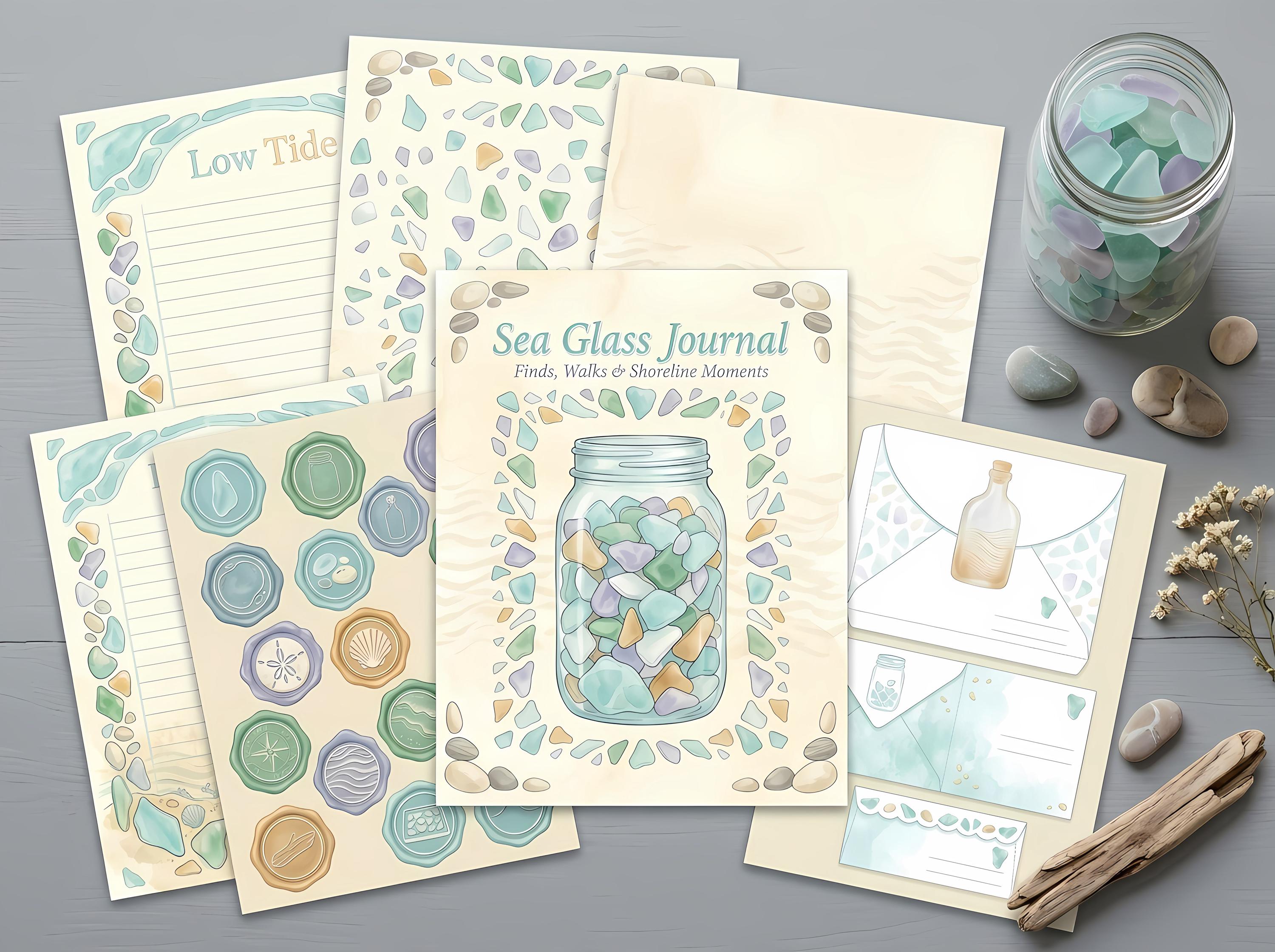 Sea Glass Junk Journal Kit, Printable Coastal Beachcomber Journal Pages, Beach Find Ephemera, Pebble Tags, Digital Download · JK-088