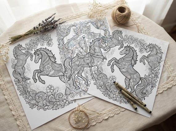 Majestic Horses Coloring Book, Printable Adult Coloring Pages, Majestic Decorative Horse Stress Relief PDF, Digital Download · CB-32 view 3