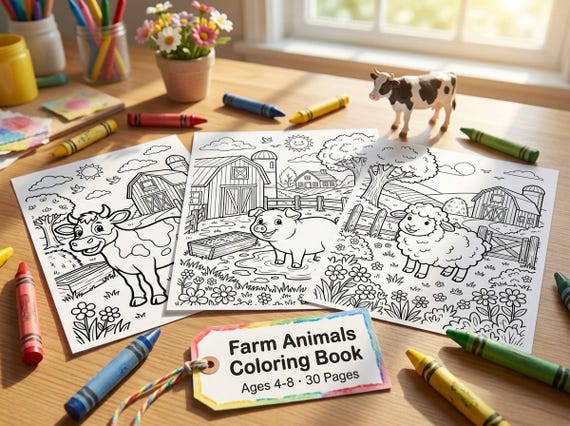 Farm Animals Kids Coloring Book, 30 Printable Coloring Pages for Ages 4-8, Boys and Girls Activity PDF, Digital Download