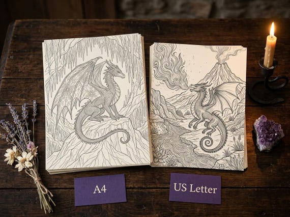 Dragons and Mythical Beasts Coloring Book, Printable Fantasy Creature Coloring Pages, 30 Page PDF, Premium Digital Download view 3