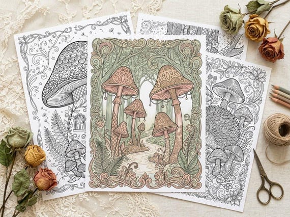 Magical Mushroom Forest Coloring Book, Printable Adult Coloring Pages, Whimsical Woodland Stress Relief PDF, Digital Download · CB-07 view 5