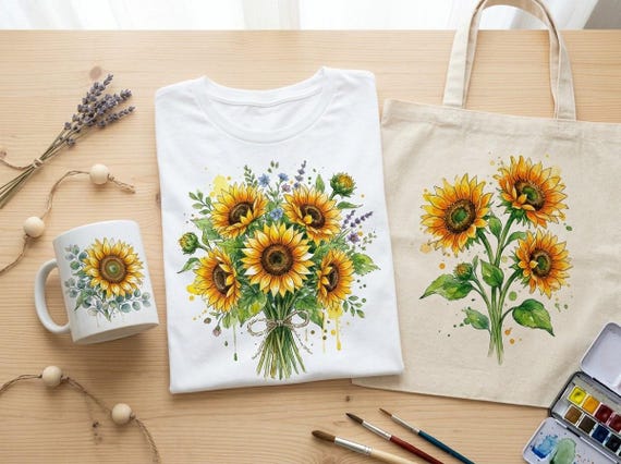 Watercolor Sunflower Clipart, 30 Transparent PNG, Commercial Use, Sublimation POD, Digital Download view 2