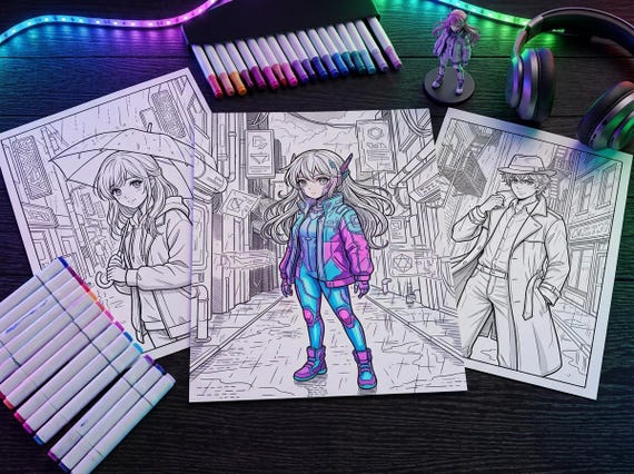 Manga Coloring Book Vol. 3 Night City Cyberpunk Noir, Printable Anime Style Coloring Pages, Neon Detective Ninja PDF, Digital Download view 3