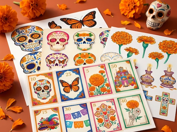 Day of the Dead Junk Journal Kit, Printable Dia de los Muertos Journal Pages, Sugar Skull Ephemera, Marigold Folk Art, Digital Down · JK-083 view 4
