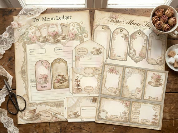 Rose Tea Parlor Junk Journal Kit, Printable Cottagecore Tea Journal Pages, Dessert Ephemera, Teacup Tags, Fussy Cuts · JK-023 view 2