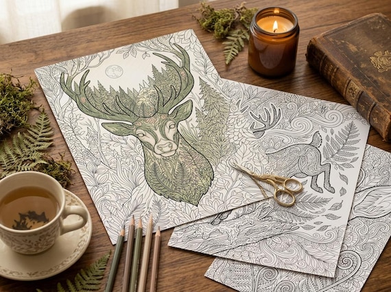 Woodland Deer & Ferns Coloring Book, Printable Adult Coloring Pages, Forest Nature Stress Relief PDF, Digital Download view 2