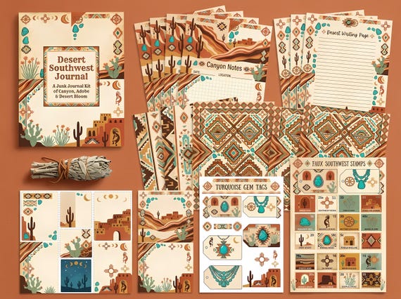 Desert Southwest Junk Journal Kit, Printable Boho Journal Pages, Cactus Ephemera, Turquoise Tags, Fussy Cuts, Digital Download · JK-053 view 2
