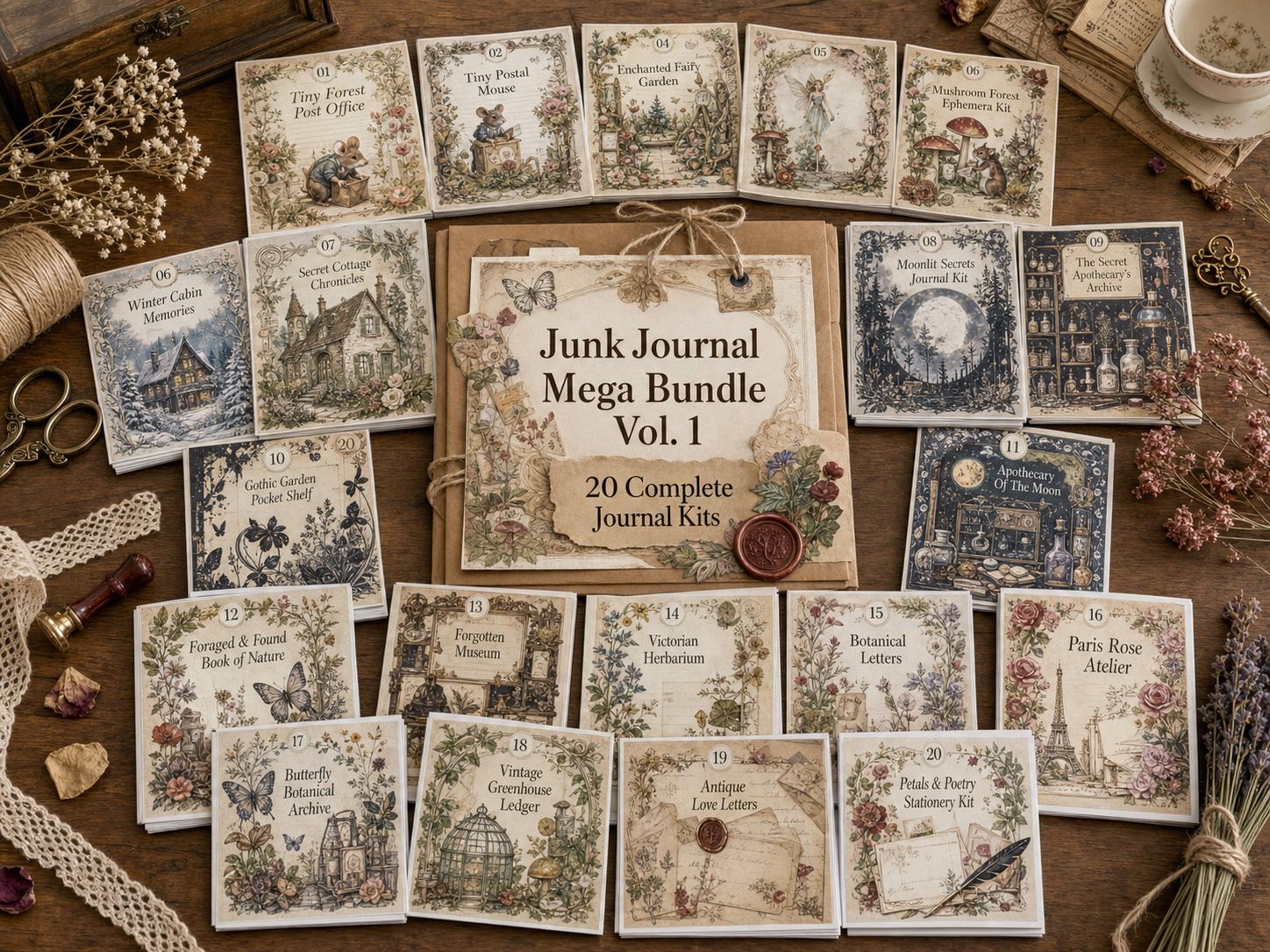 SAVE 50% << Printable Junk Journal Kit MEGA BUNDLE Vol. 1 — 20 Complete Journal Kits, Whimsical Cottagecore, Digital Download