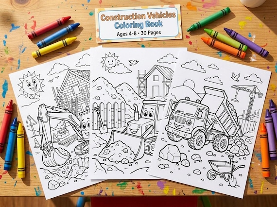 Construction Vehicles Kids Coloring Book, 30 Printable Coloring Pages for Ages 4-8, Boys and Girls Activity PDF, Digital Download