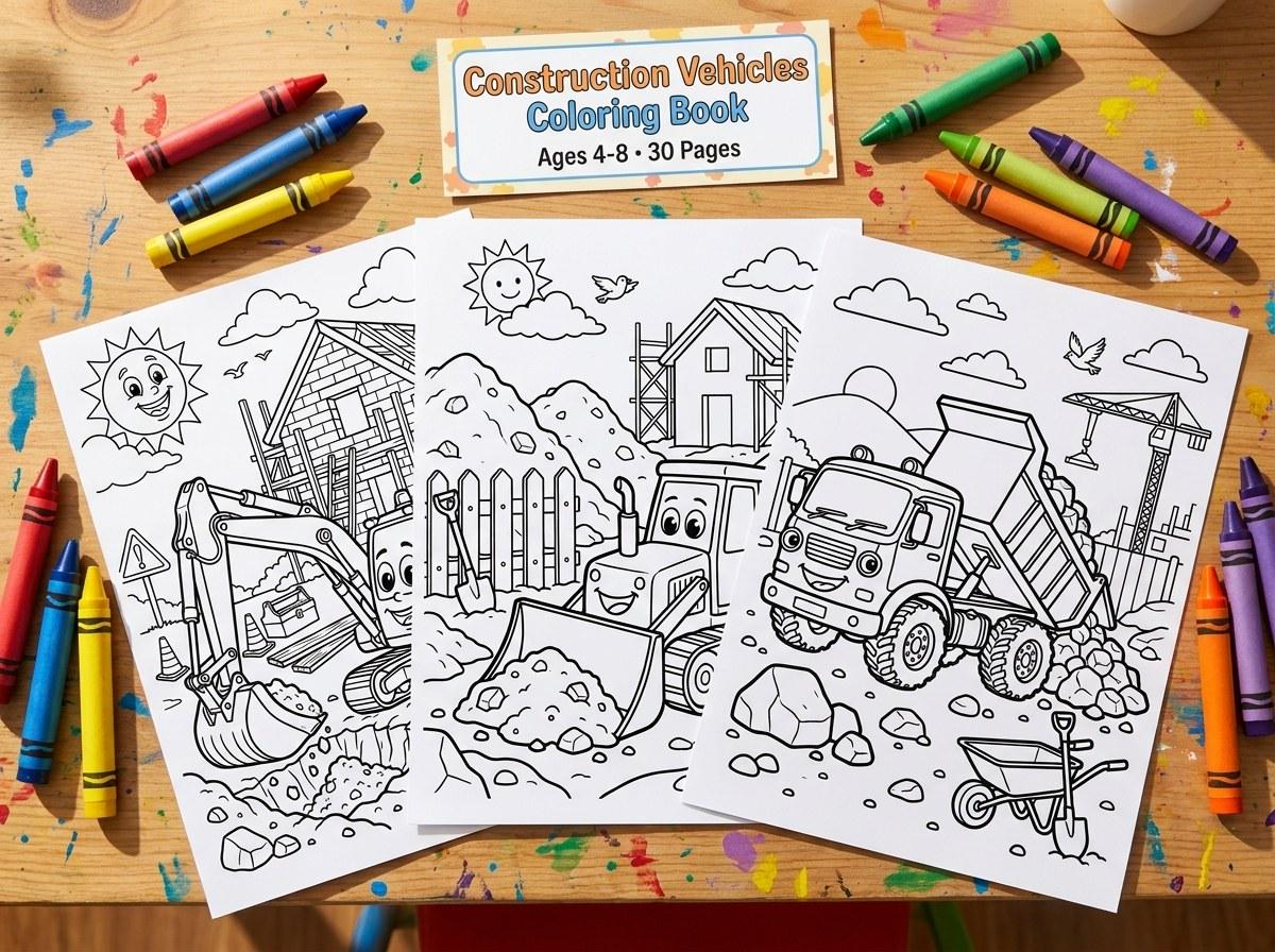 Construction Vehicles Kids Coloring Book, 30 Printable Coloring Pages for Ages 4-8, Boys and Girls Activity PDF, Digital Download