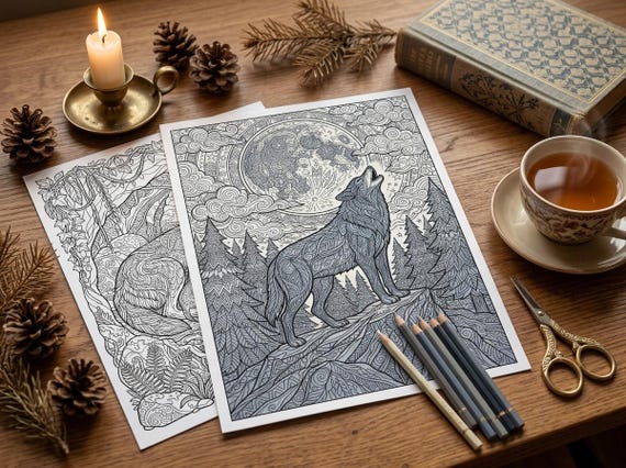 Wolves & Moonlit Wilderness Coloring Book, Printable Adult Coloring Pages, Wolf Nature Stress Relief PDF, Digital Download view 3