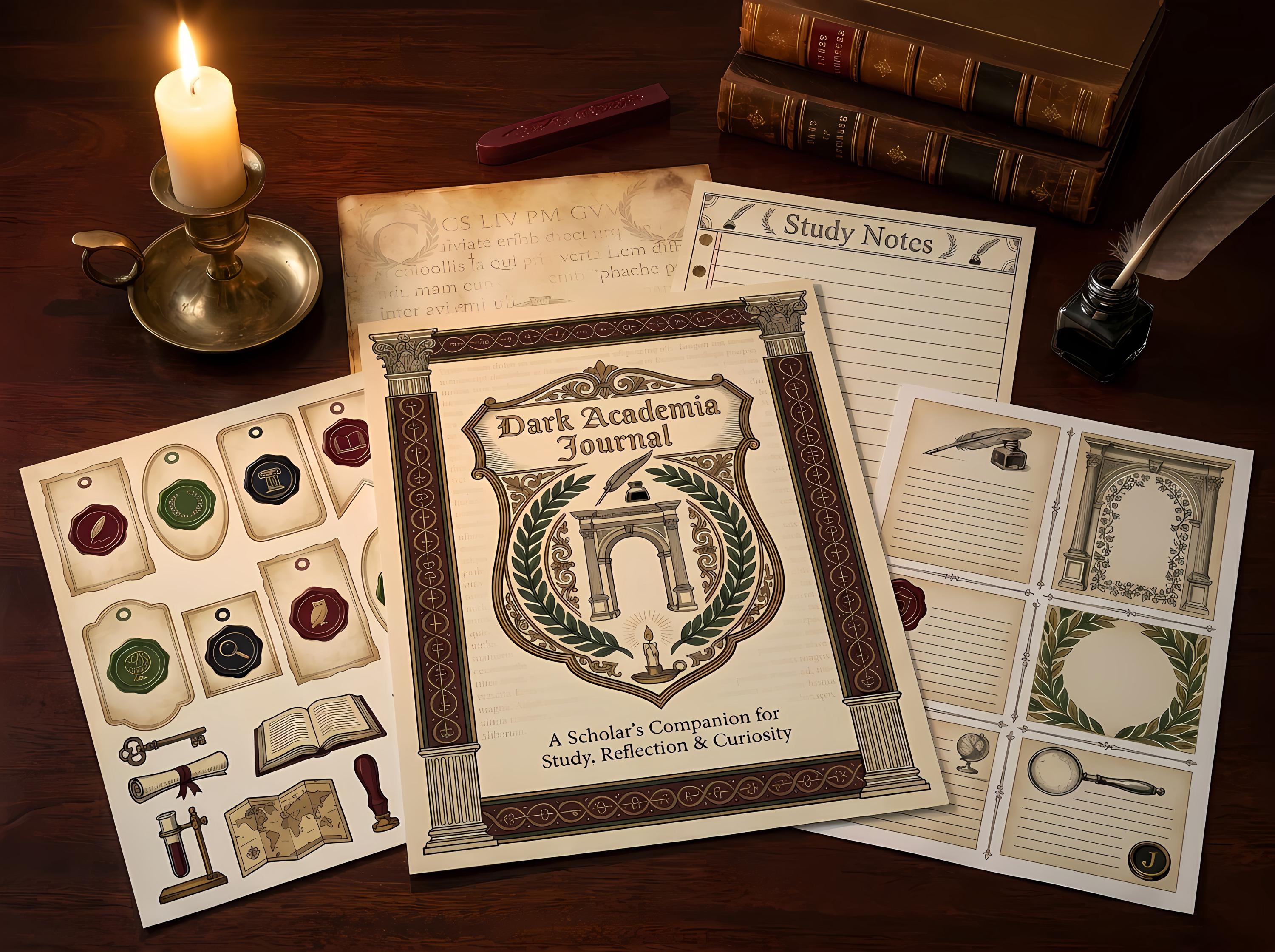 Dark Academia Study Junk Journal Kit, Printable Vintage Scholar Journal Pages, Library Ephemera, Book Tags, Digital Download · JK-063