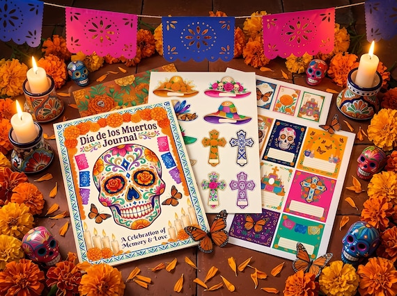Day of the Dead Junk Journal Kit, Printable Dia de los Muertos Journal Pages, Sugar Skull Ephemera, Marigold Folk Art, Digital Down · JK-083 view 5
