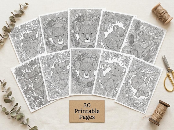 Koalas & Eucalyptus Coloring Book, Printable Adult Coloring Pages, Australian Nature Stress Relief PDF, Digital Download view 6