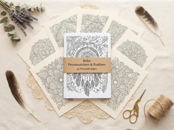 Boho Dreamcatchers & Feathers Coloring Book, Printable Adult Coloring Pages, Stress Relief PDF, Digital Download · CB-19