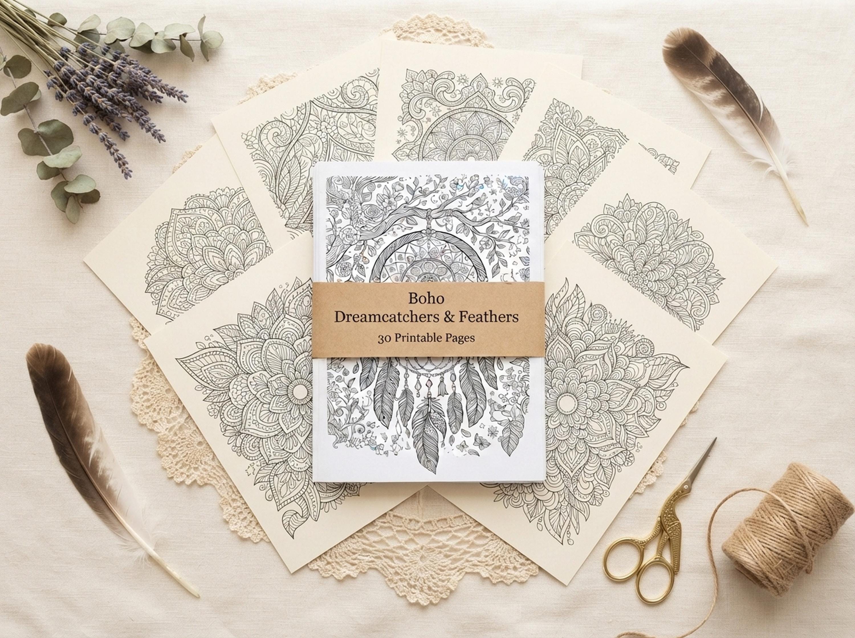 Boho Dreamcatchers & Feathers Coloring Book, Printable Adult Coloring Pages, Stress Relief PDF, Digital Download · CB-19