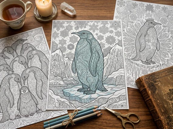 Penguins & Antarctic Ice Coloring Book, Printable Adult Coloring Pages, Winter Wildlife Stress Relief PDF, Digital Download view 4
