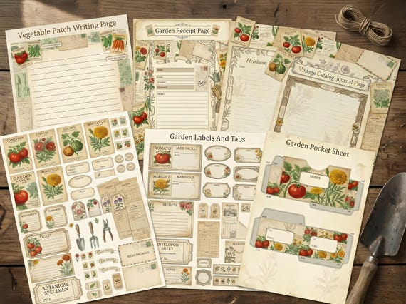 Garden Seed Catalog Junk Journal Kit, Printable Cottagecore Journal Pages, Vintage Seed Packet Ephemera, Garden Tags, Fussy Cuts · JK-016