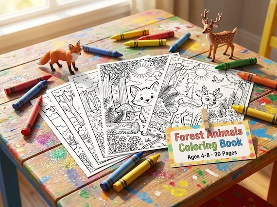 Forest Animals Kids Coloring Book, 30 Printable Coloring Pages for Ages 4-8, Boys and Girls Activity PDF, Digital Download