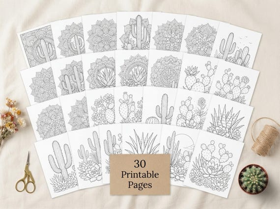 Desert Cactus & Succulents Coloring Book, Printable Adult Coloring Pages, Desert Cactus Stress Relief PDF, Digital Download · CB-24 view 2