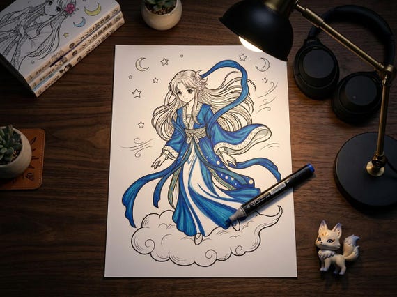 Manga Coloring Book Vol. 2 Japanese Folklore Fantasy, Printable Anime Style Coloring Pages, Kitsune Yokai Samurai PDF, Digital Download view 3
