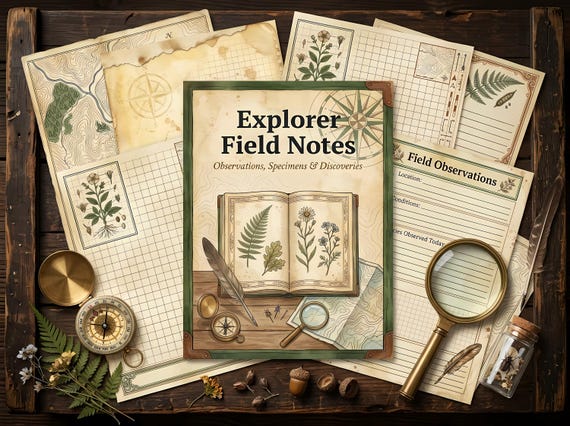 Explorer Field Notes Junk Journal Kit, Printable Vintage Nature Journal Pages, Botanical Specimen Tags, Map Ephemera, Digital Downl · JK-079 view 3