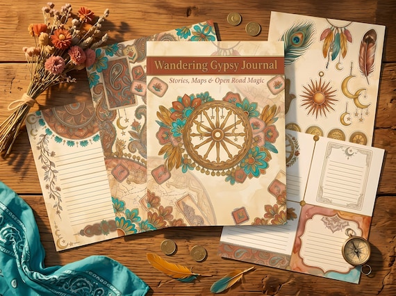 Boho Wandering Gypsy Junk Journal Kit, Printable Folk Art Journal Pages, Boho Ephemera, Travel Charm Tags, Digital Download · JK-068 view 3
