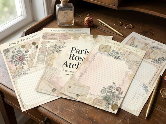 Paris Rose Atelier Junk Journal Kit, Printable French Romantic Journal Pages, Perfume Label Ephemera, Rose Tags, Fussy Cuts · JK-020 view 2