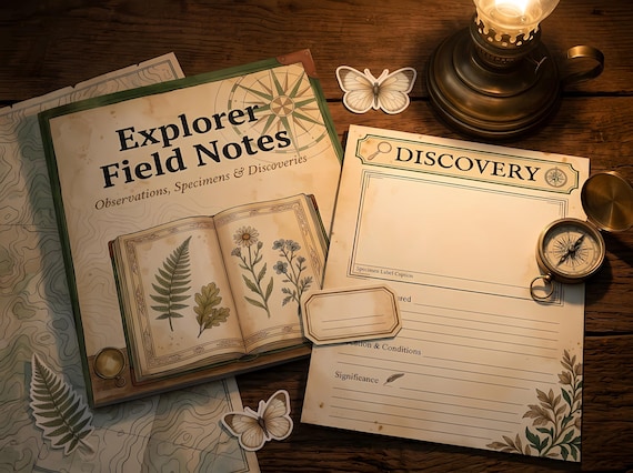 Explorer Field Notes Junk Journal Kit, Printable Vintage Nature Journal Pages, Botanical Specimen Tags, Map Ephemera, Digital Downl · JK-079 view 2